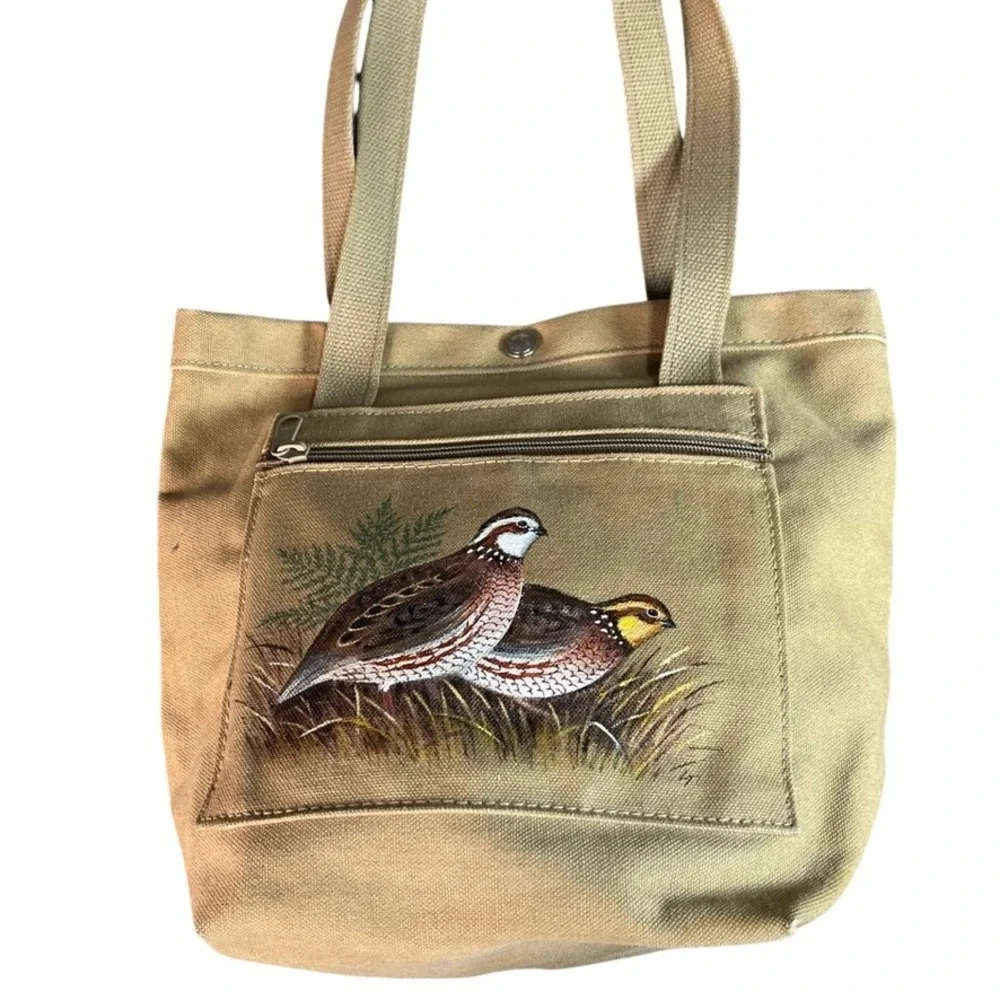 Hand Painted Quail Bird Canvas Tote Bag Tan Zipper Pocket Snap Top Nature Theme
